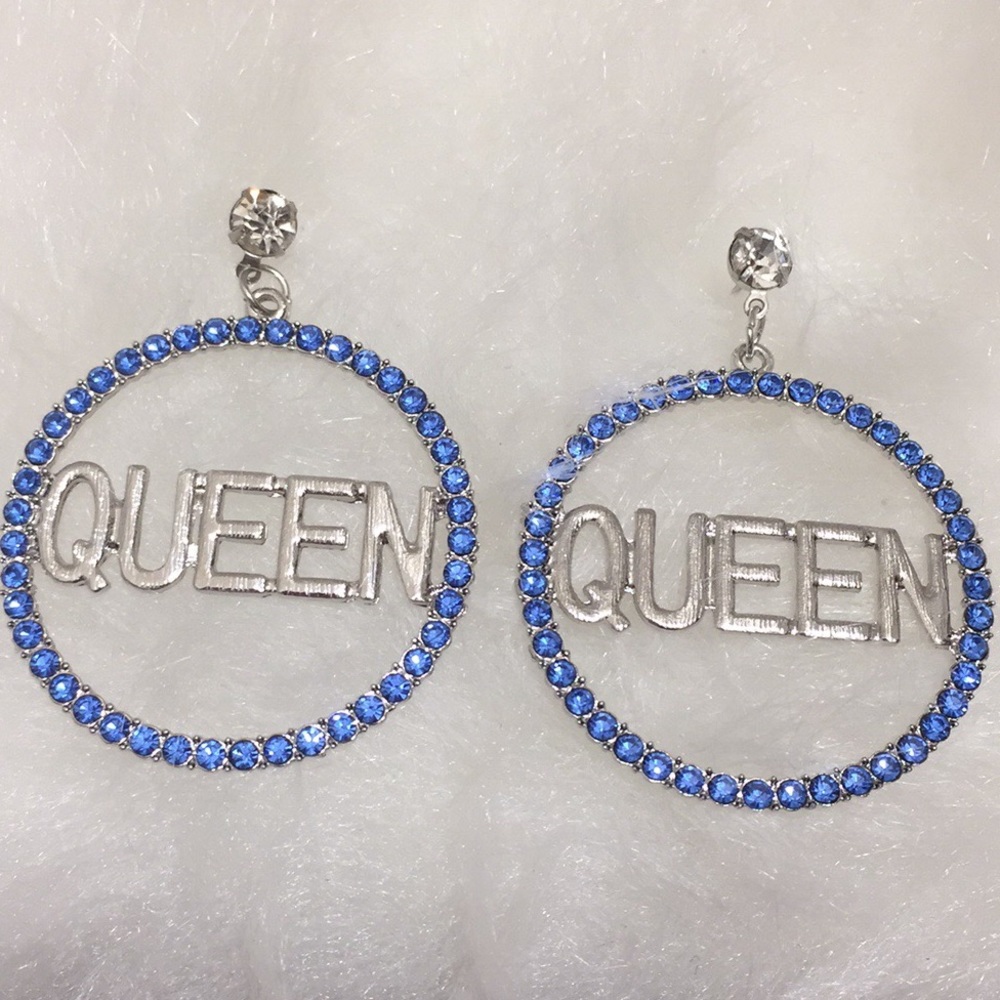 Sassy Blue Rhinestone Hoop Queen Earrings